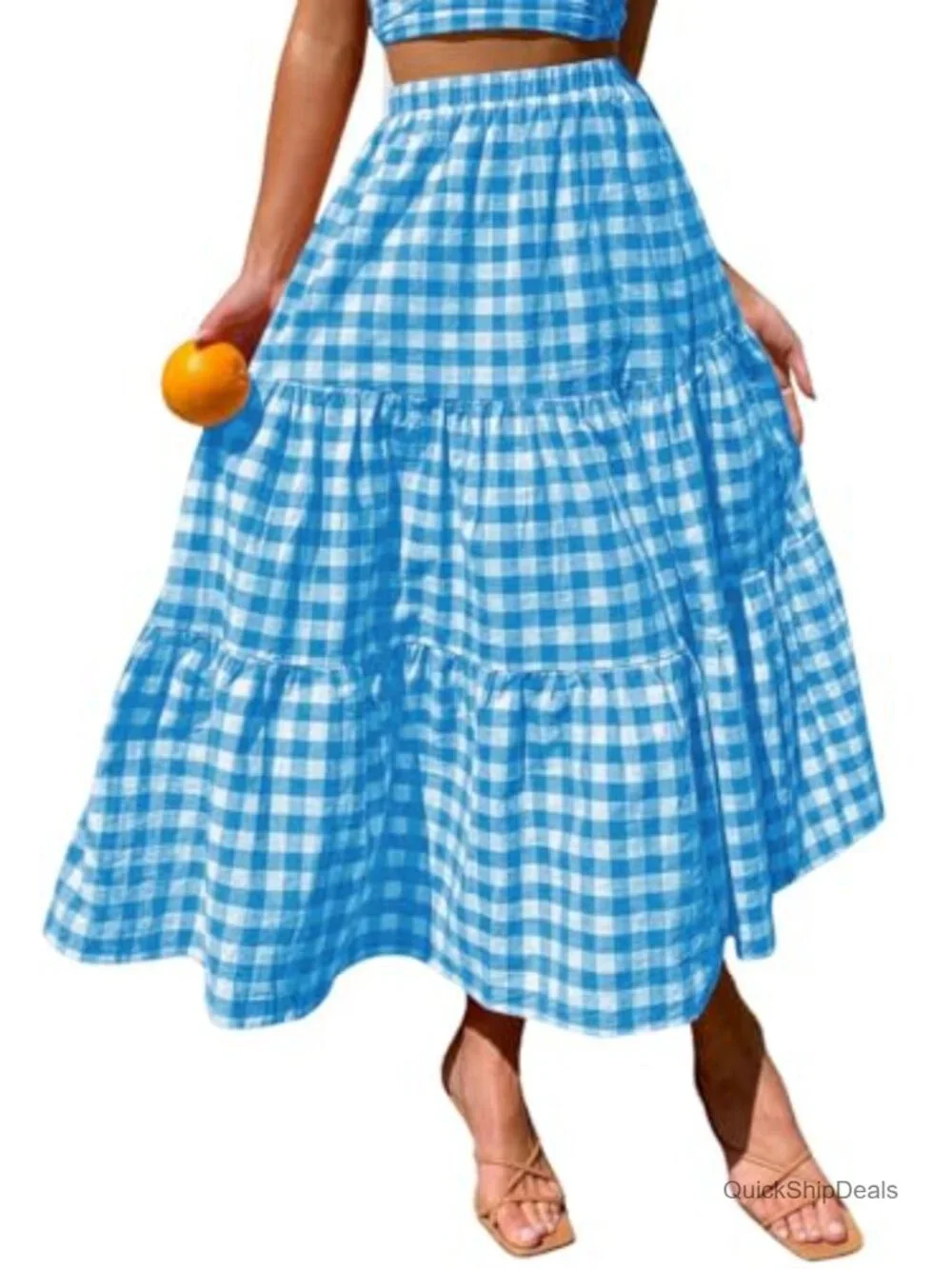Women's 100% Cotton High Waist Plaid Tiered Maxi Skirt with Pockets Boho Flowy